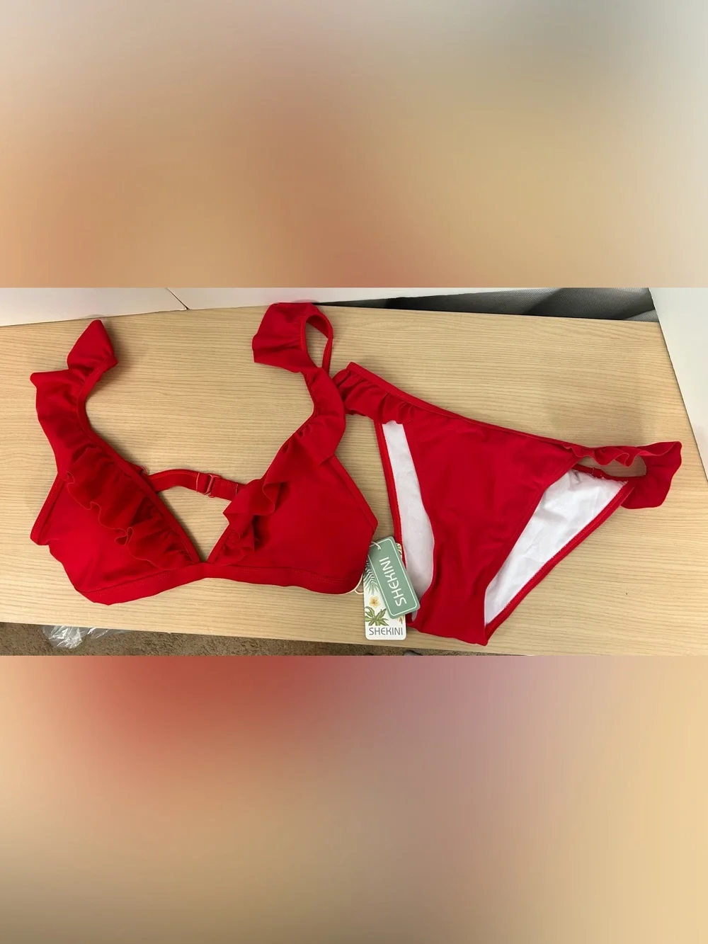 Red Ruffle V-Neck Bikini Set - Women Swim - Picture 8 of 9